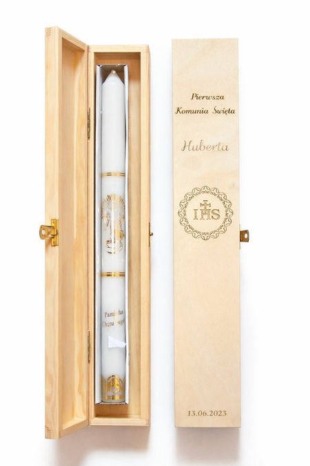 Pudełko drewniane z grawerem na świecę komunijną 
