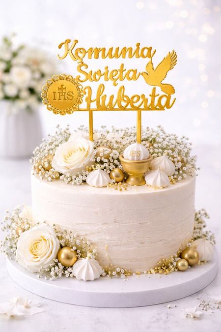 Topper  Komunia Święta z imieniem – gołąb i hostia IHS
