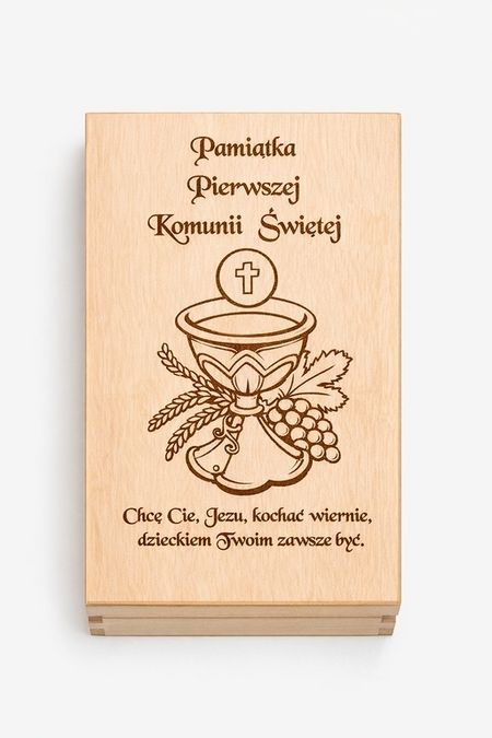 Drewniane pudełko na pieniądze – Pamiątka Pierwszej Komunii Świętej z grawerem kielicha
