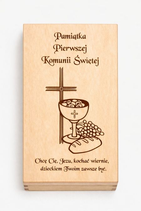 Drewniane pudełko na pieniądze – Pamiątka Pierwszej Komunii Świętej z grawerem krzyża i kielicha